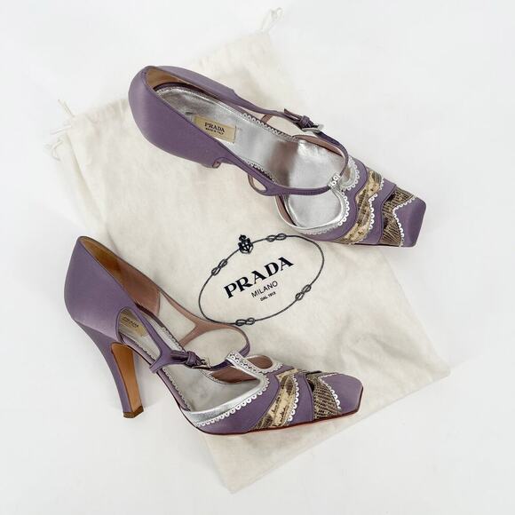 Prada Vintage Lilac Satin Snakeskin Trim Cutout Mary Jane T-Strap Heels IT 38.5 - Picture 1 of 11